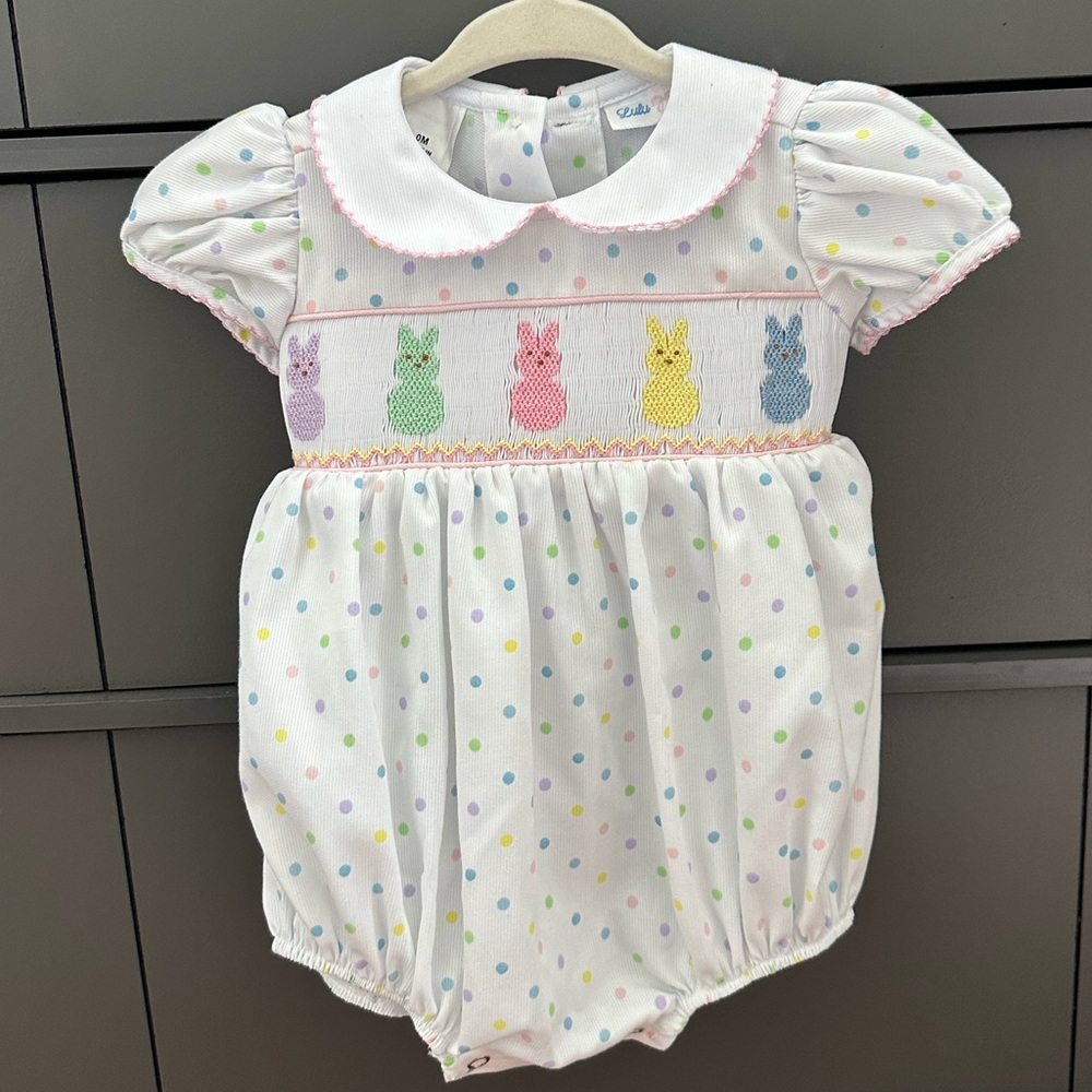 Lulu Bebe smocked bubble Easter Peeps polka dots 0m newborn